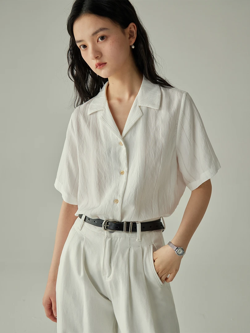 复古短袖古巴领白色衬衫女夏季2025新款设计感小个子气质百搭上衣