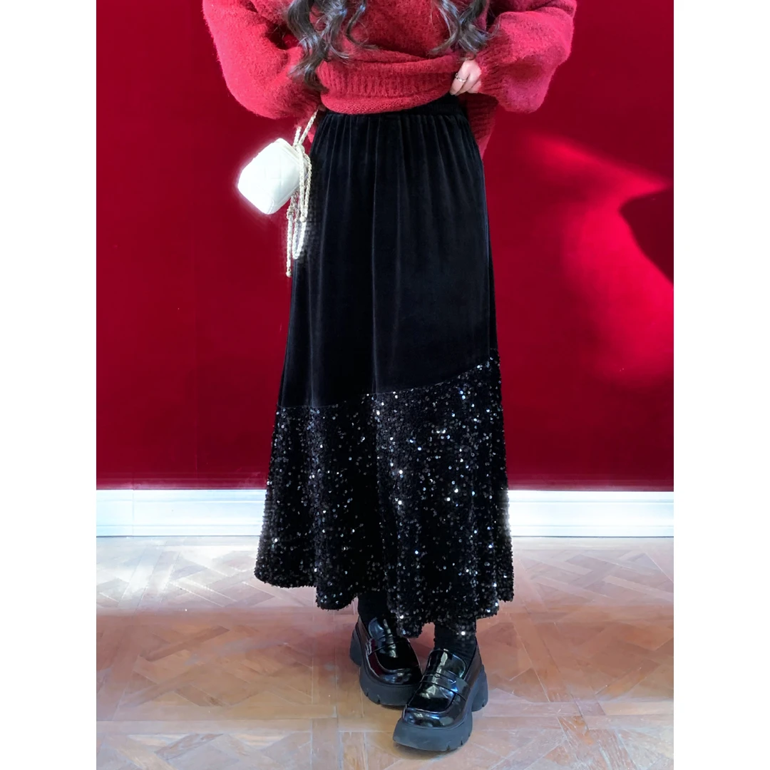 李潇洒【黑*天鹅舞曲】微胖冬赫本风黑色丝绒拼接亮片松紧腰长半裙