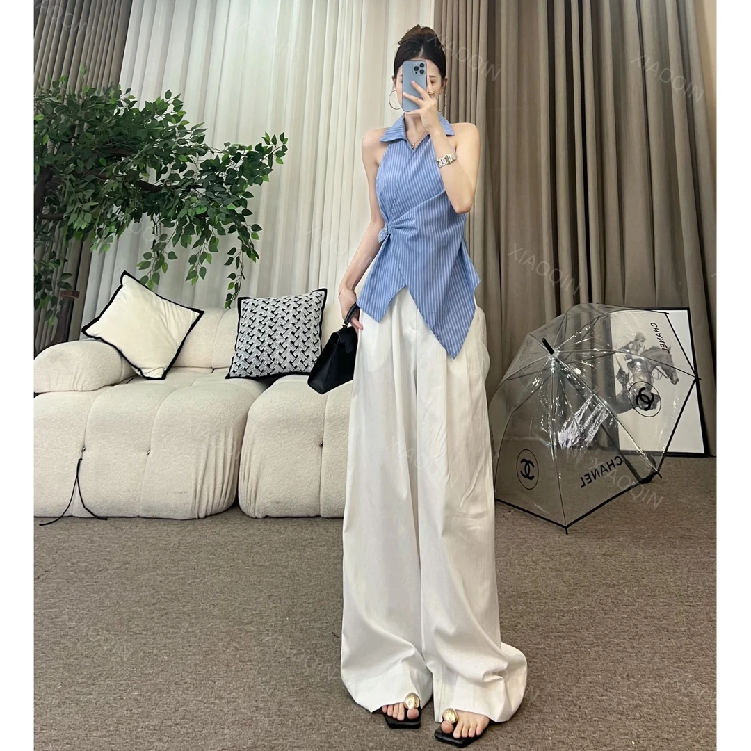 XIAOQIN【雾茶小调】夏季通勤翻领条纹交叉不规则上衣阔腿裤X032