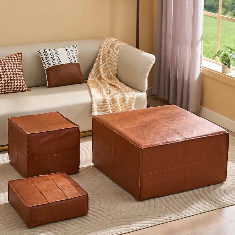 Z美式坐墩皮质蒲团家用客厅卧室地上榻榻米坐垫凳子搁脚凳换鞋凳