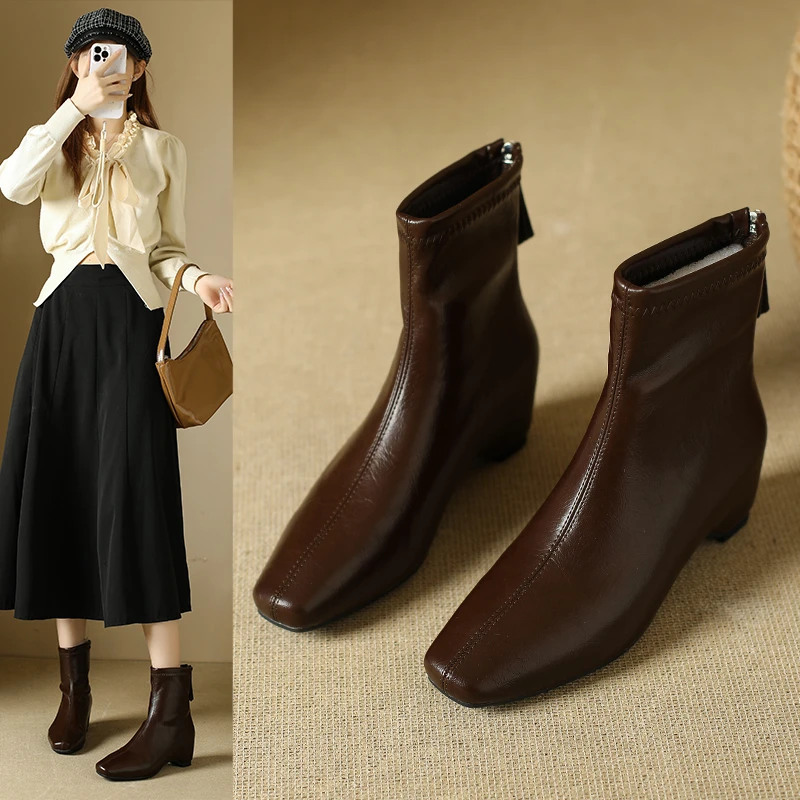 短靴秋冬中跟方头时尚春秋女显脚小女士短筒靴法式
