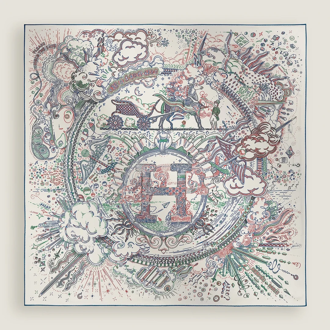 未使用 Hermes/爱马仕 《正在接通中》90*90 挂画方巾 丝巾 围巾