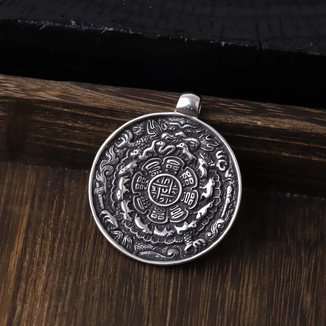 925银银制品 S8943 银九宫八卦牌吊坠文玩手把件
