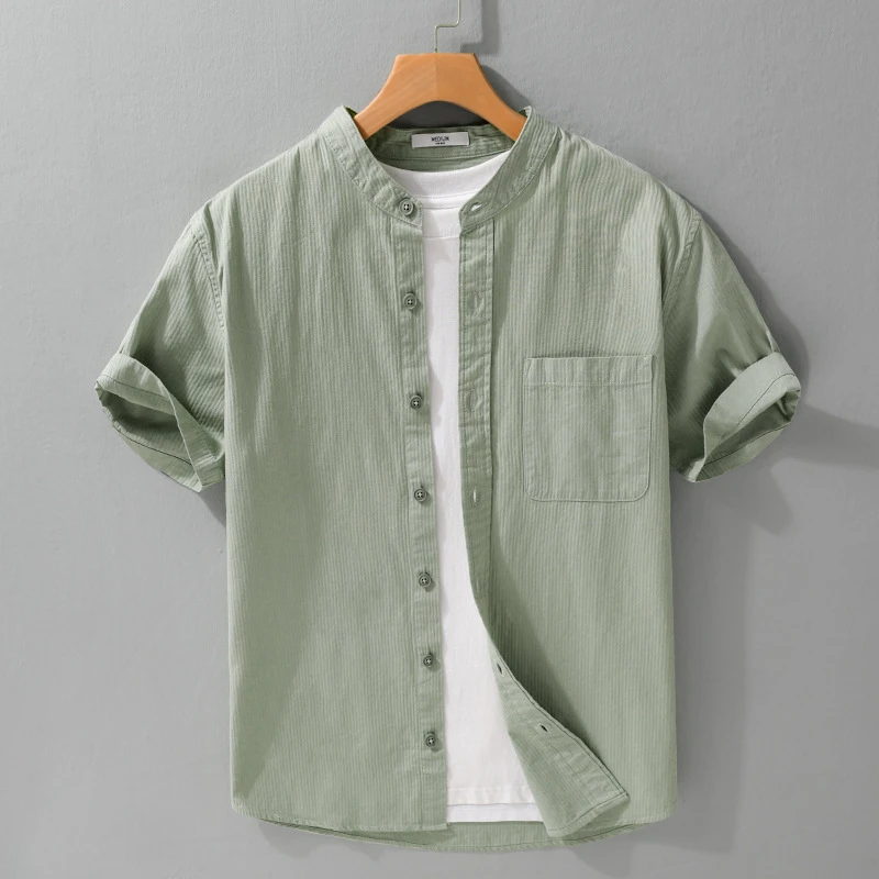 简约小立领暗纹竖条纹短袖衬衫男夏季新款小清新潮流纯棉衬衣宽松
