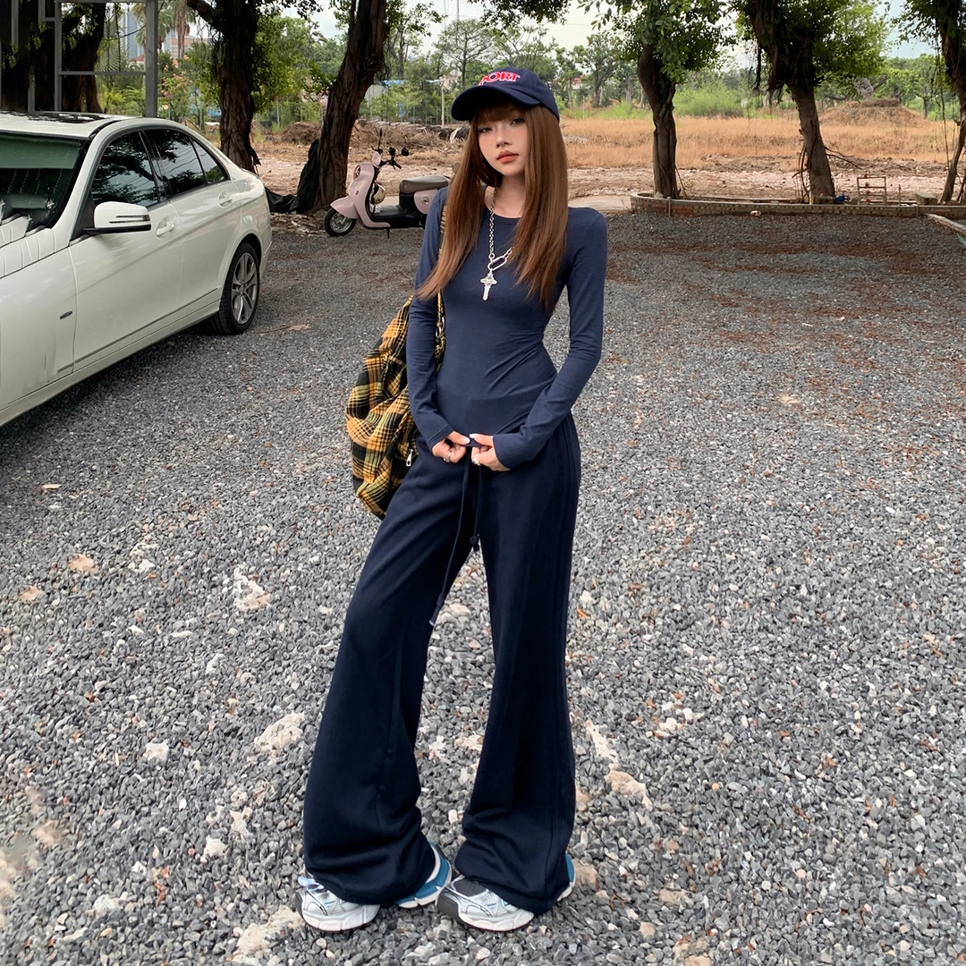 YC&3色美式复古圆领上衣喇叭裤修身百搭垂感慵懒休闲基础套装女