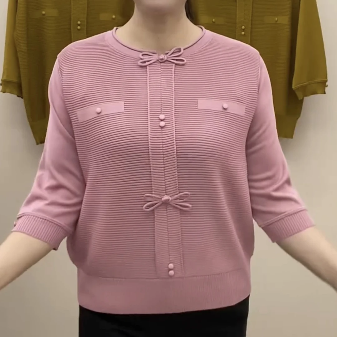 时尚套头妈妈针织衫2025春夏新款宽松显瘦百搭七分袖圆领针织衫女