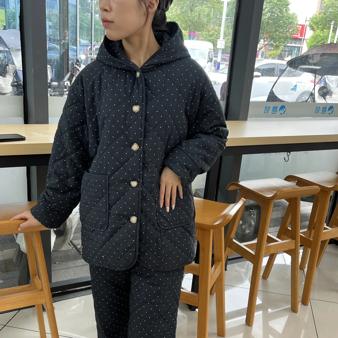 VM 波点连帽夹棉加绒外穿家居服套装2503