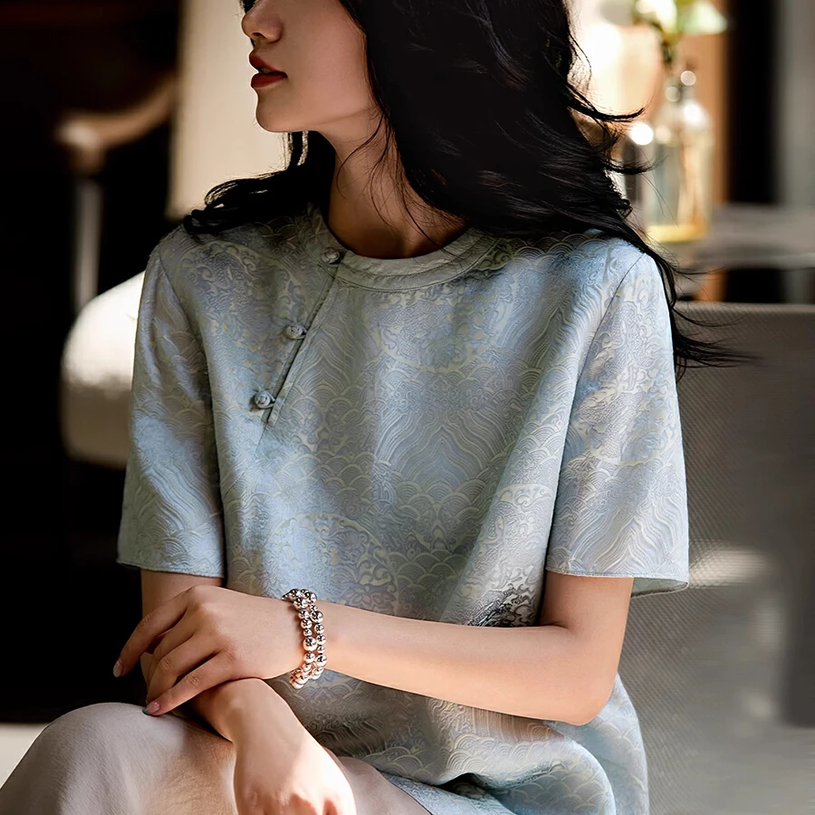 SS1056东方颂雅-云舒小衫提花斜襟盘扣宽松短袖上衣2025年夏季