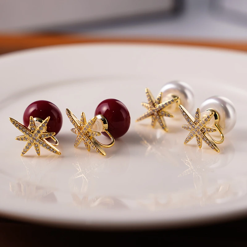 铜合金仿珍珠耳饰 高级感锆石八芒星前后珍珠无耳洞耳夹气质名媛