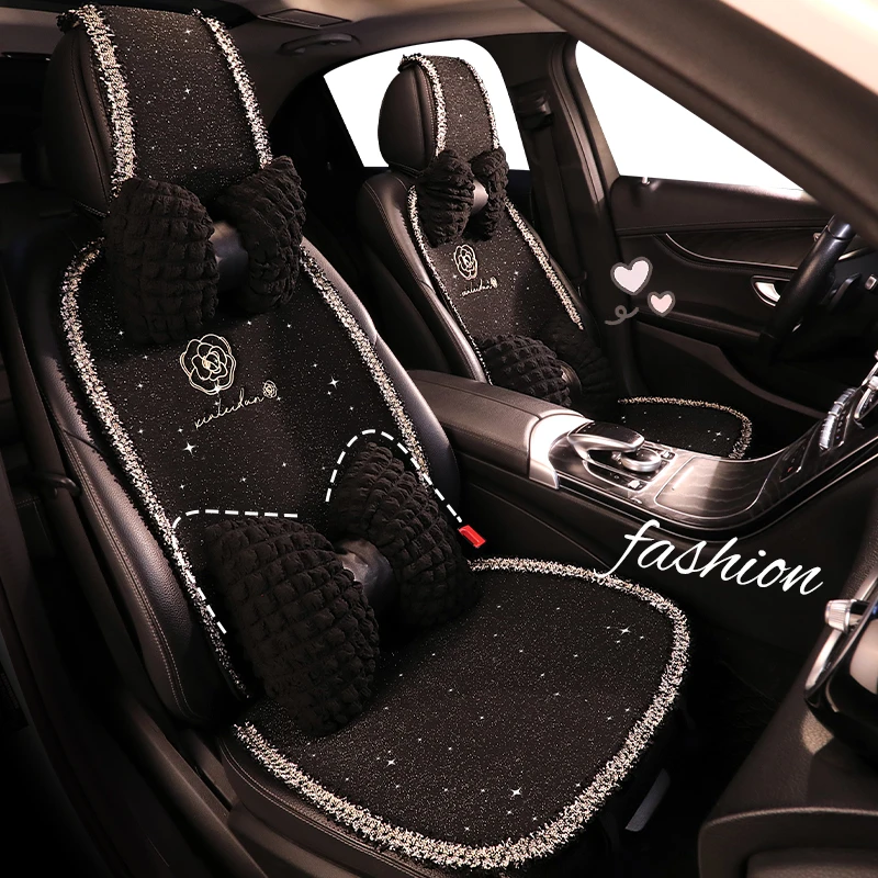 简约小香风女士汽车坐垫四季通用透气耐磨山茶花花边设计五座夏季