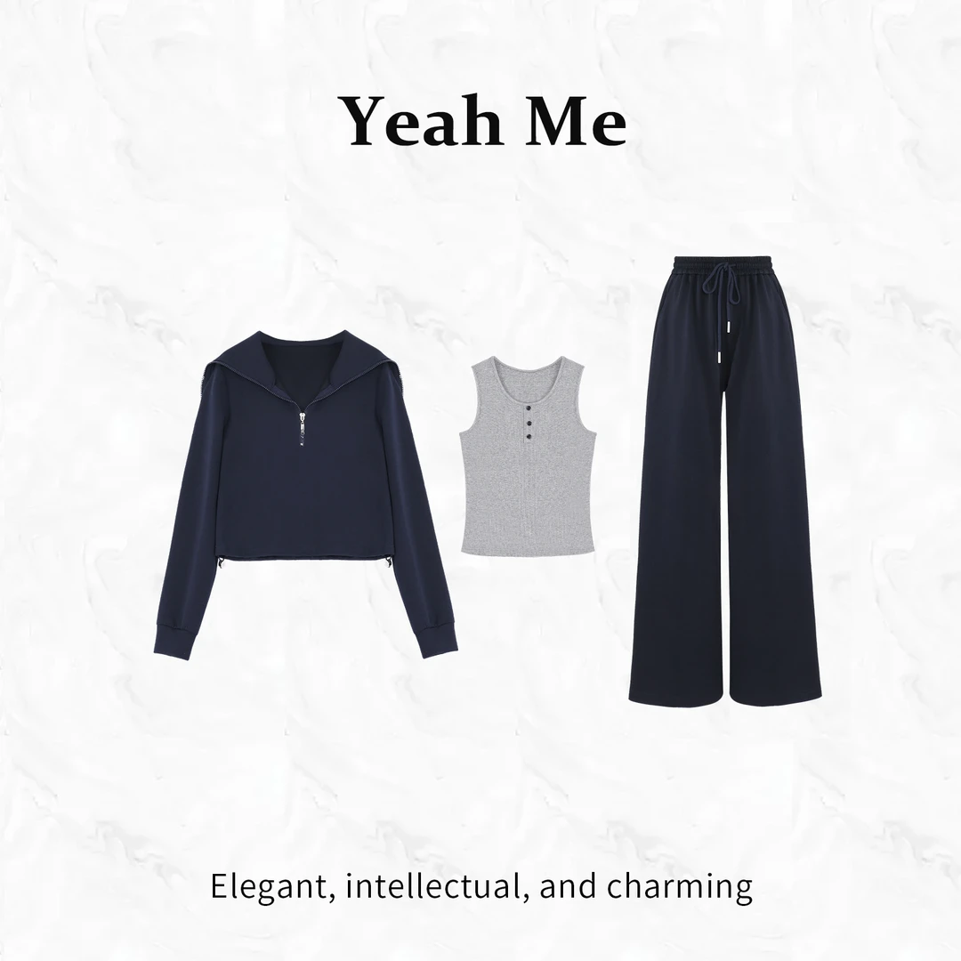 Yeah Me/也觅【塞纳时光】秋季新款美式学院风时尚百搭长裤套装女装