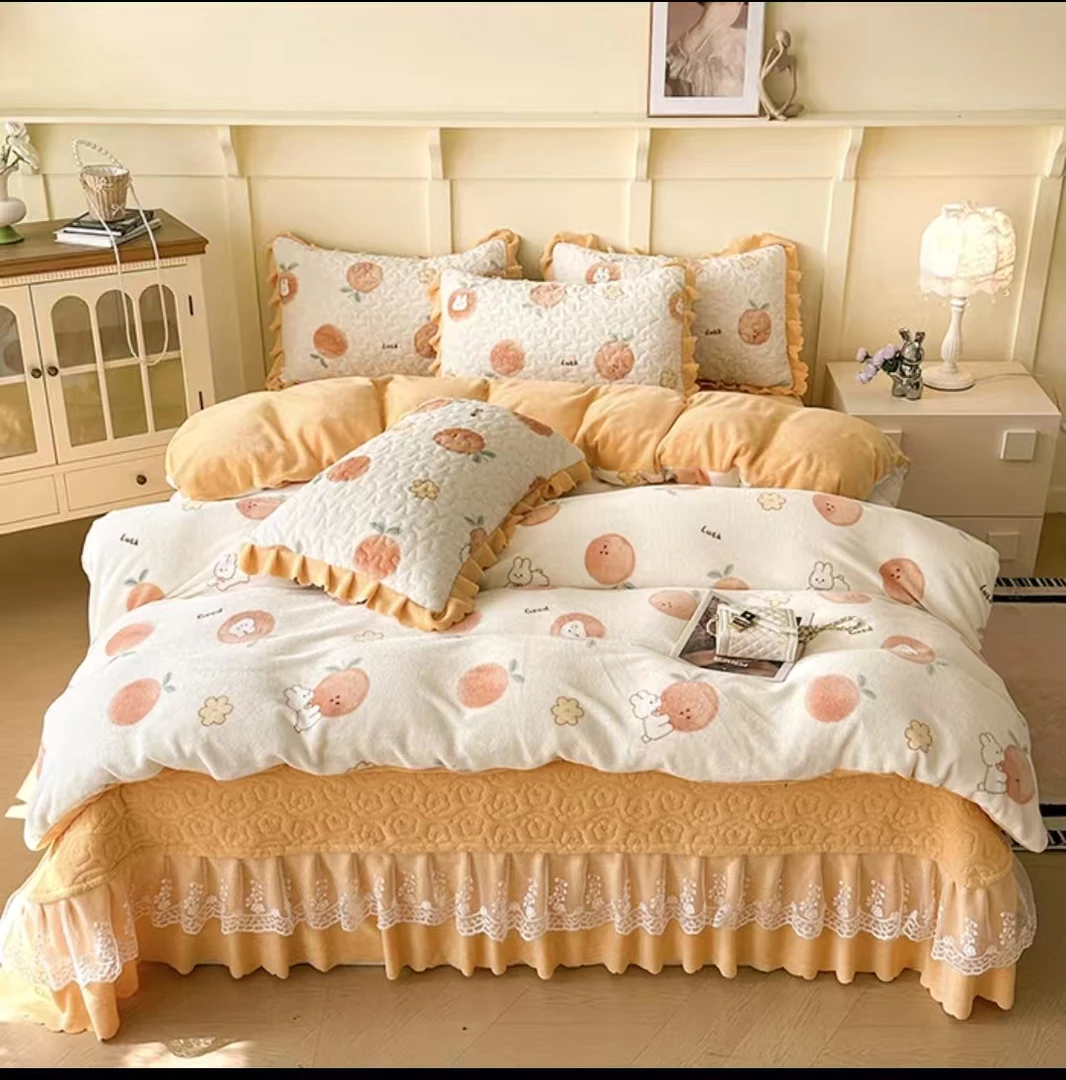 冬季牛奶绒加绒加厚床盖加绒被套防滑床裙床盖柔软防静电四件套