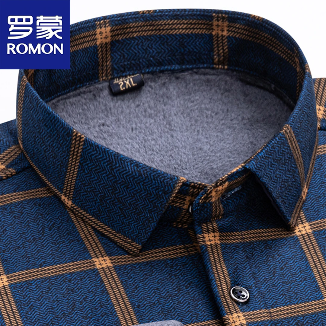 罗蒙秋冬季加绒加厚保暖格子衬衫男士长袖商务职业正装衬衣免烫男