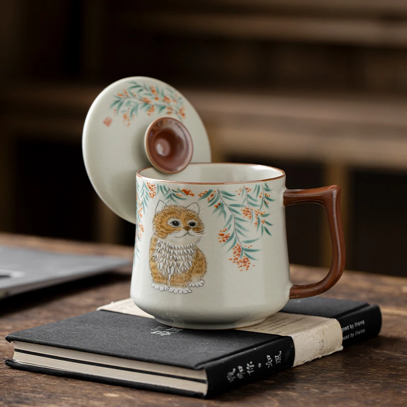 汝窑猫咪大容量茶杯带盖马克杯陶瓷喝茶单杯家用水杯咖啡杯子茶具