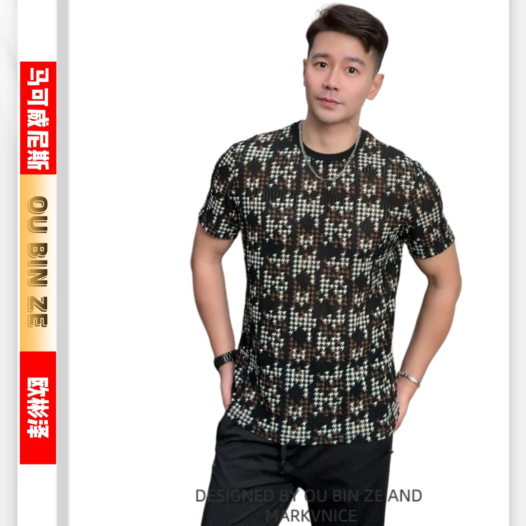 夏季新款网红潮流个性品质时尚印花免烫冰丝百搭显瘦圆领短袖6176