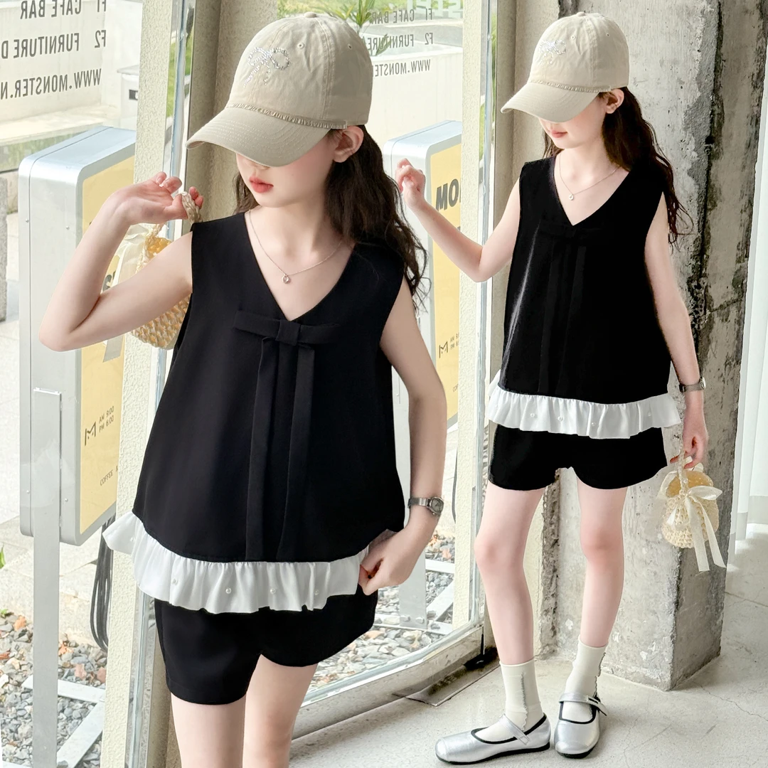 女童夏季套装2025新款洋气时尚中大童儿童蝴蝶结宽松网红两件套潮