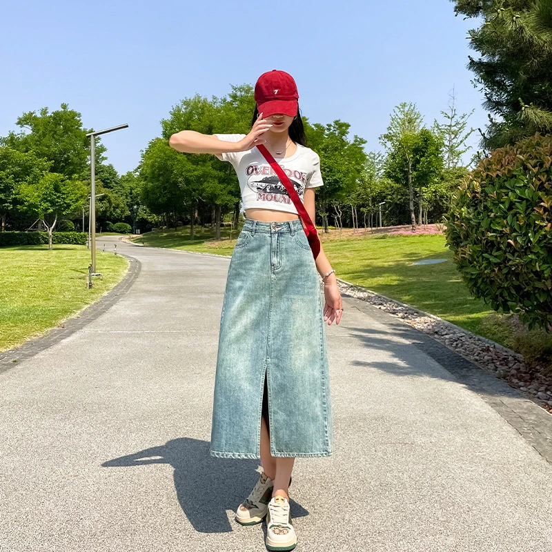 微胖女生高腰牛仔半身裙女春秋2025新款开叉中长款显瘦裙子