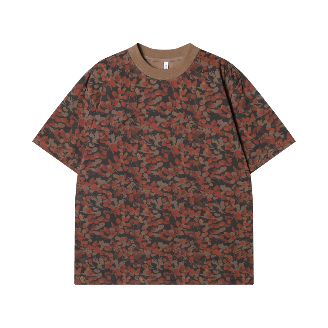 夏季高级感新款国风撞色叶子短袖T恤百搭满印潮流宽松圆领上衣