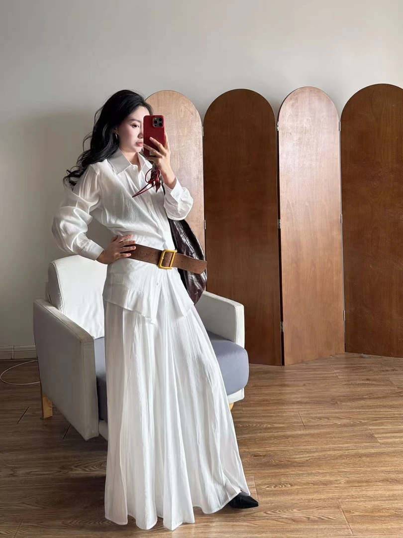 韩系花苞长袖衬衫松紧腰气质长裙温柔风套装女春季穿搭