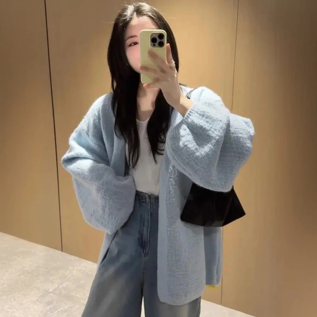 慵懒风软糯针织开衫女外搭2025春秋新款韩版宽松泡泡袖毛衣外套女