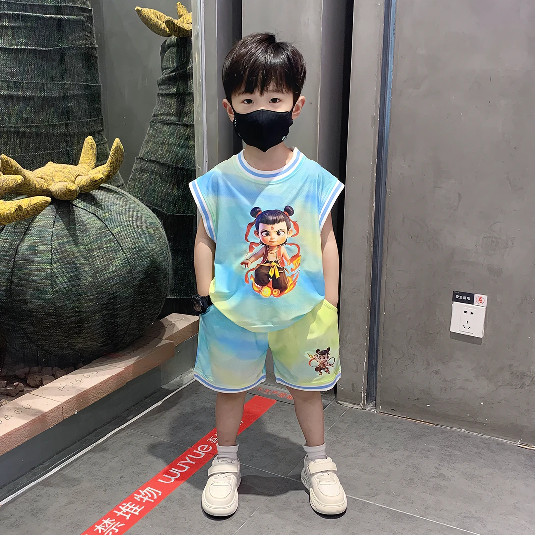 哪吒儿童服装男童夏季速干无袖衣服2025新款男童夏套装帅气潮宝宝