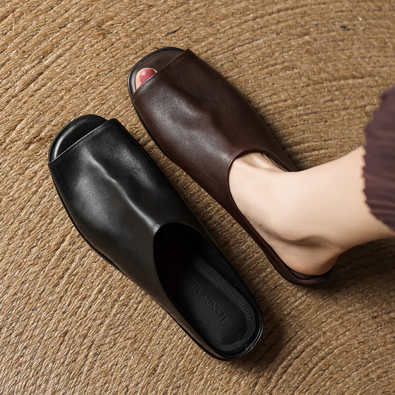 软底凉拖纯色夏季平底胶粘鞋复古方头包头拖中跟百搭大码皮拖鞋
