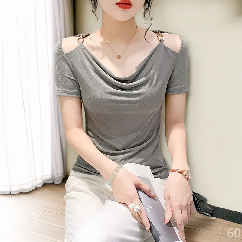 时尚高端千金清冷感贵系衣服女短袖t恤一字肩上衣洋气气质潮牌小