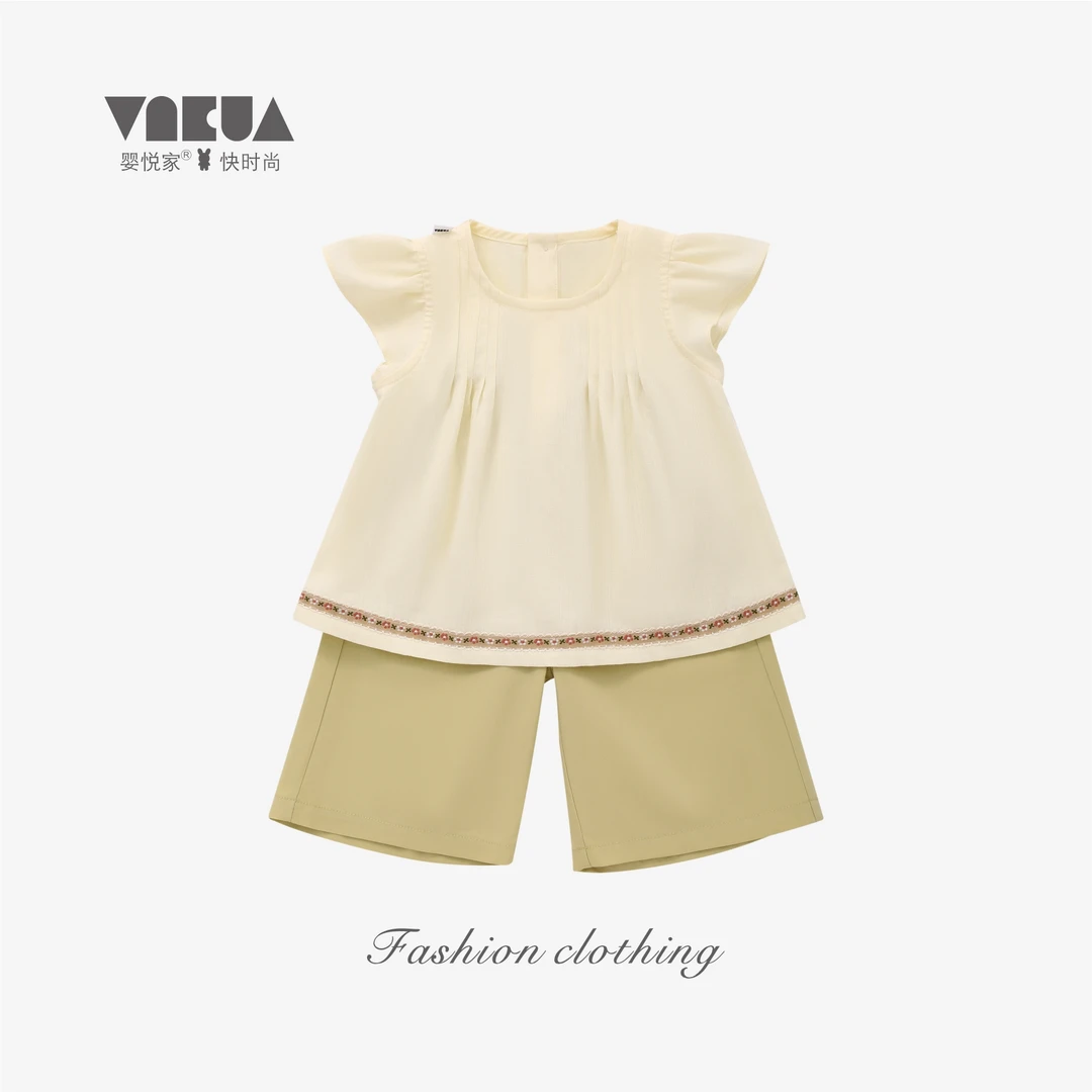 婴悦家女童洋气休闲夏季泡泡袖时尚民族风9分套装88784