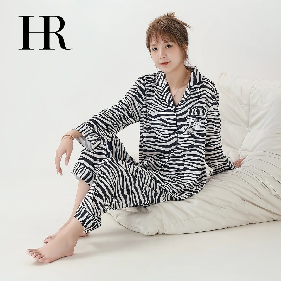 HR/赫莲娜睡衣女通用长袖薄款长款家居服女士斑马纹睡衣早秋新款