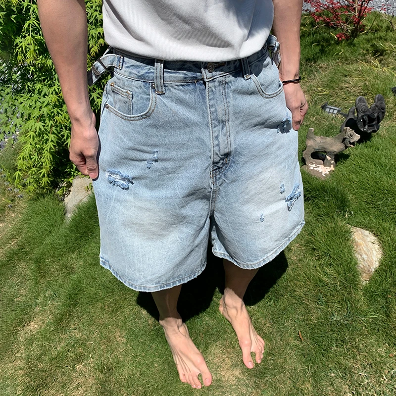 Holocene美式水洗百搭浅蓝色牛仔裤夏季宽松直筒刮烂五分裤68001