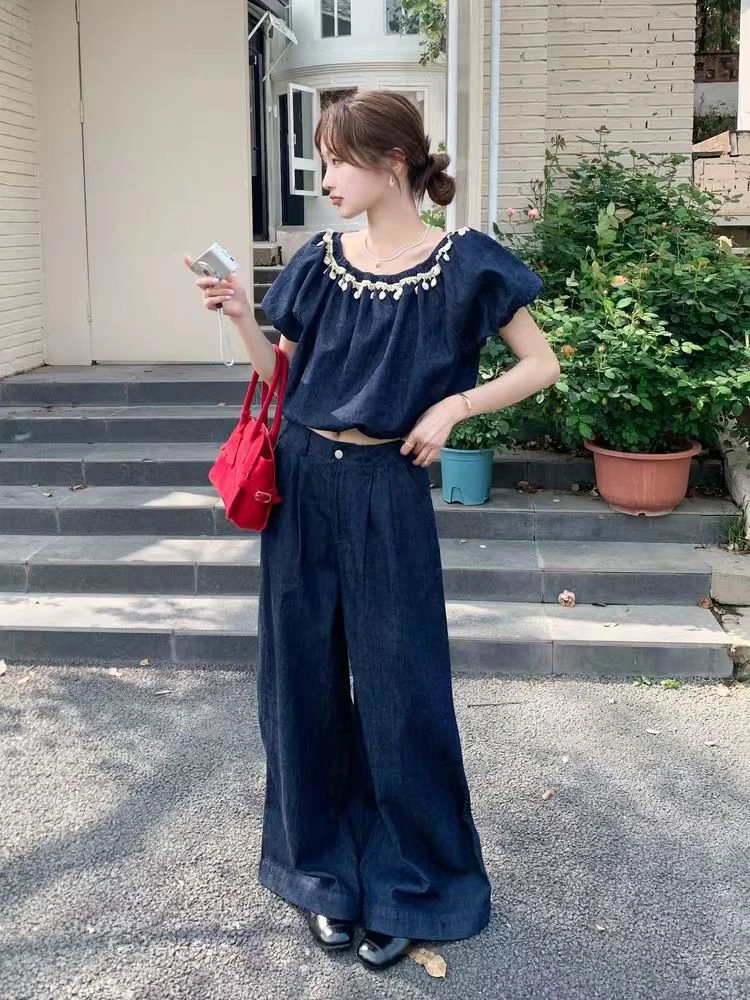 2025夏季牛仔泡泡袖花苞上衣阔腿裤套装两件套女HJ-1743