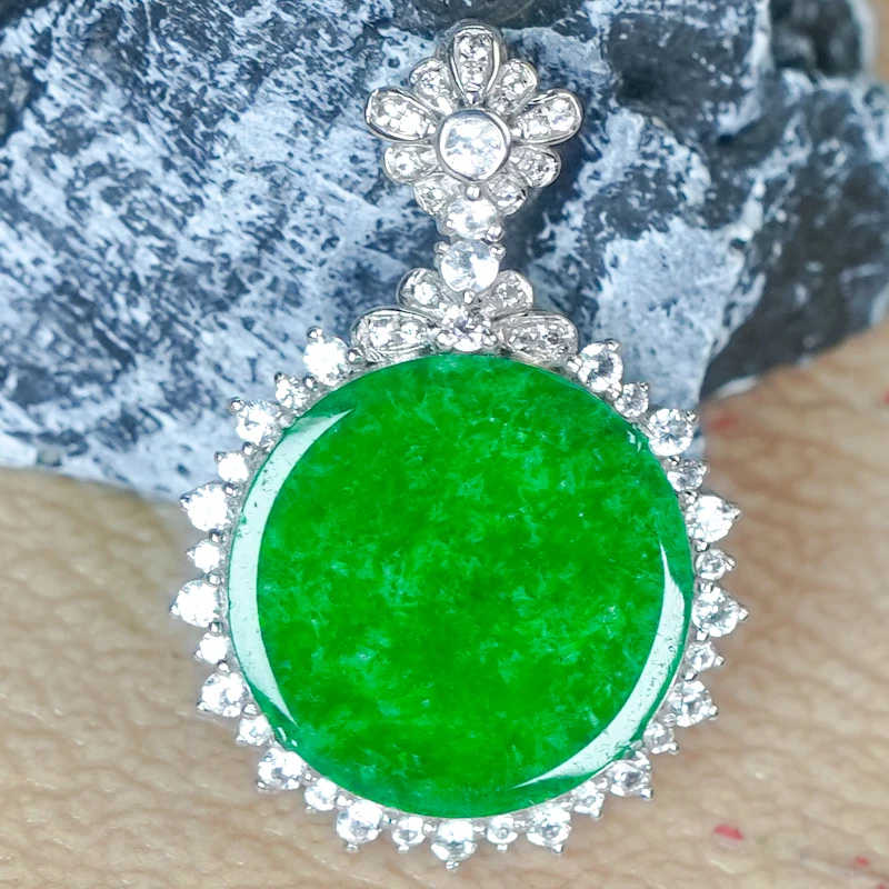 铂pt950镶嵌天然翡翠A货精致百搭满绿翡翠龙石圆牌单吊坠