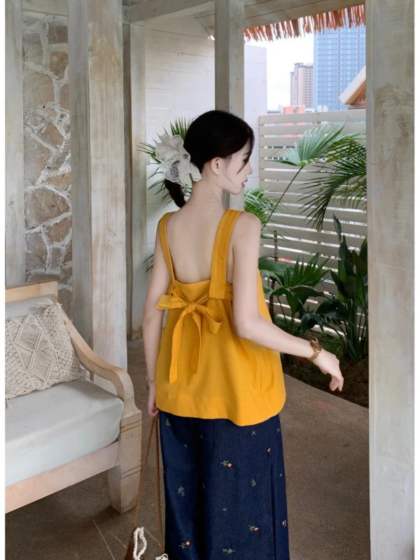 纯欲风多巴胺小清新无袖上衣套装女牛仔绣花时尚百搭阔腿裤两件套