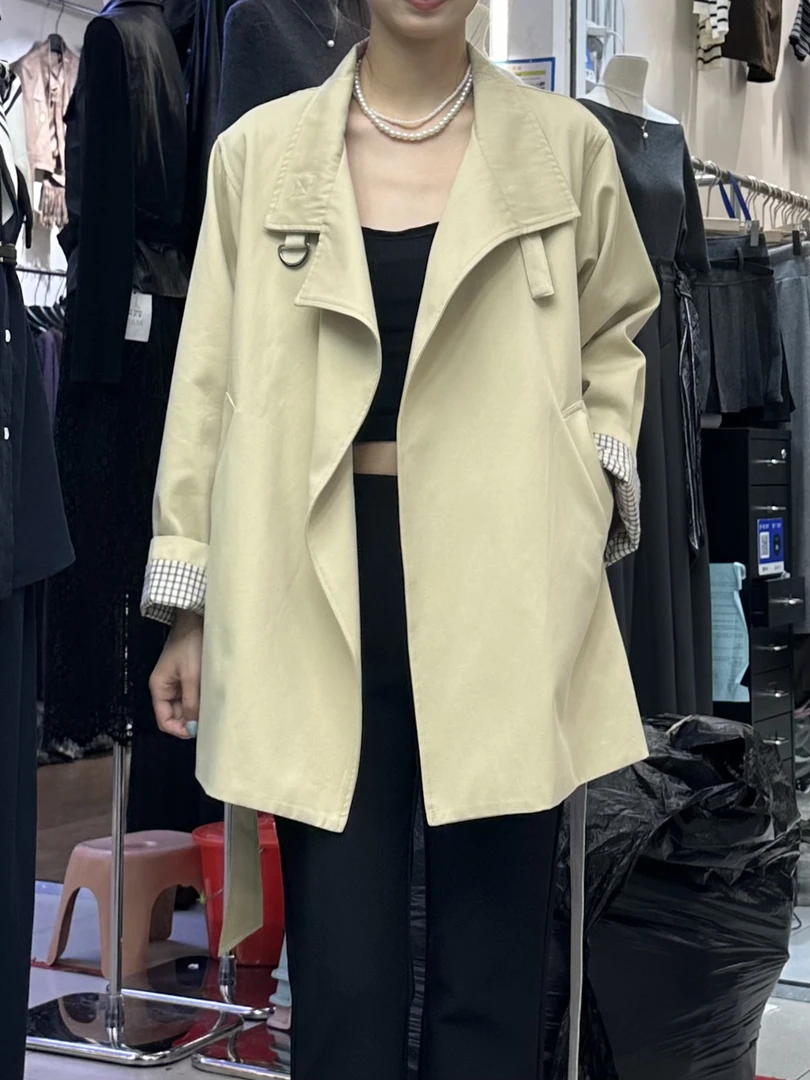 韩系宽松立领休闲中长款卡其色翻领风衣外套女春秋季新款时尚百搭
