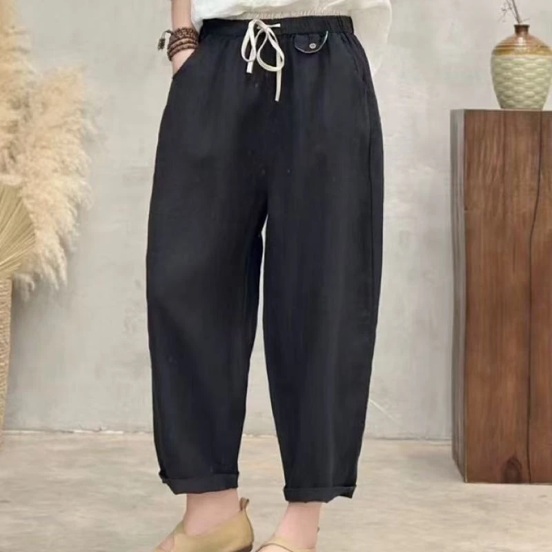 【100亚麻】女士哈伦裤薄款九分休闲小脚裤百搭松紧腰裤子HG-25001