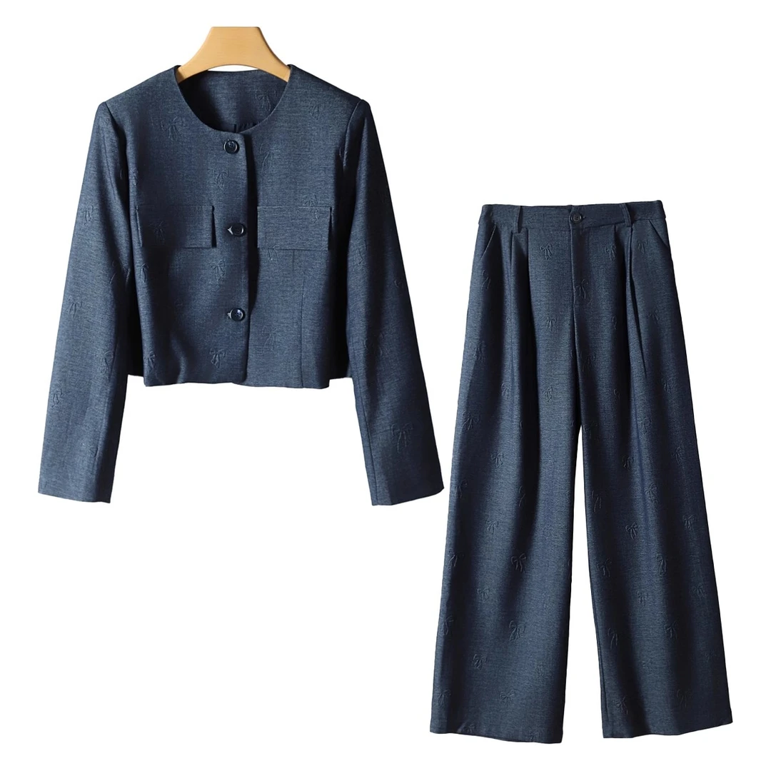 【魔】剪标25春品牌折扣甜酷圆领短上衣&烫印蝴蝶结阔腿裤套装女631