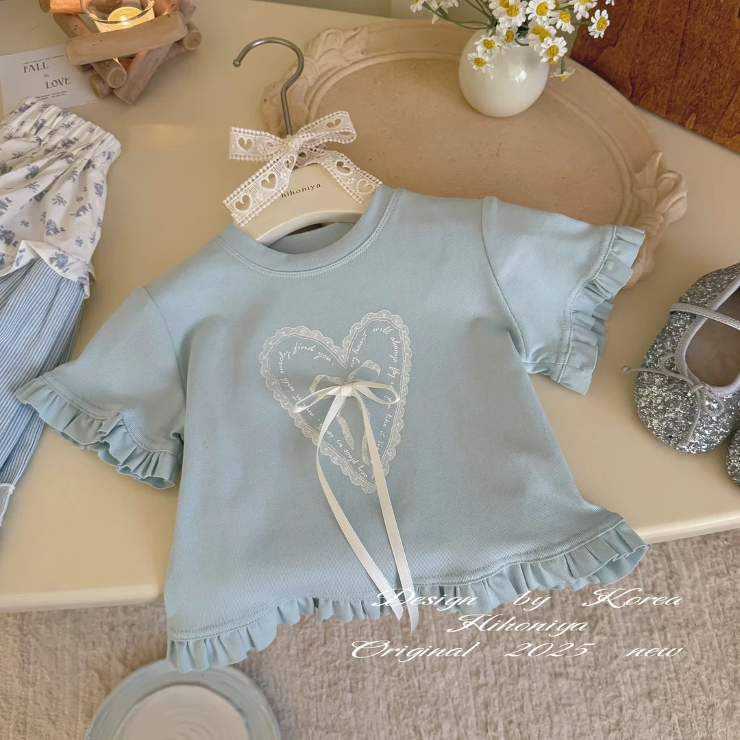 女童木耳边短袖T恤清新甜美花边上衣中大童时尚