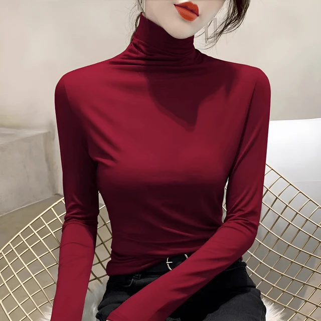 安哥拉红高领羊毛针织衫女秋冬百搭气质薄款修身内搭长袖打底毛衣