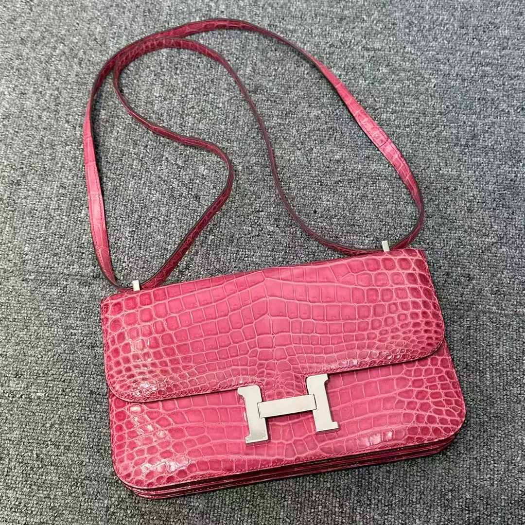 99新 Hermes/爱马仕 康康elan单肩包 蜜桃粉 银扣 亮面两点鳄 框P