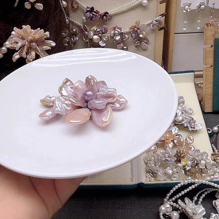 水晶纱保真珍珠花胸针发夹