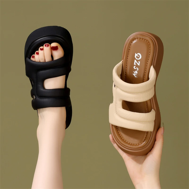 时尚休闲增高坡跟露趾凉拖女2025夏季新款厚底一字拖百搭外穿拖鞋