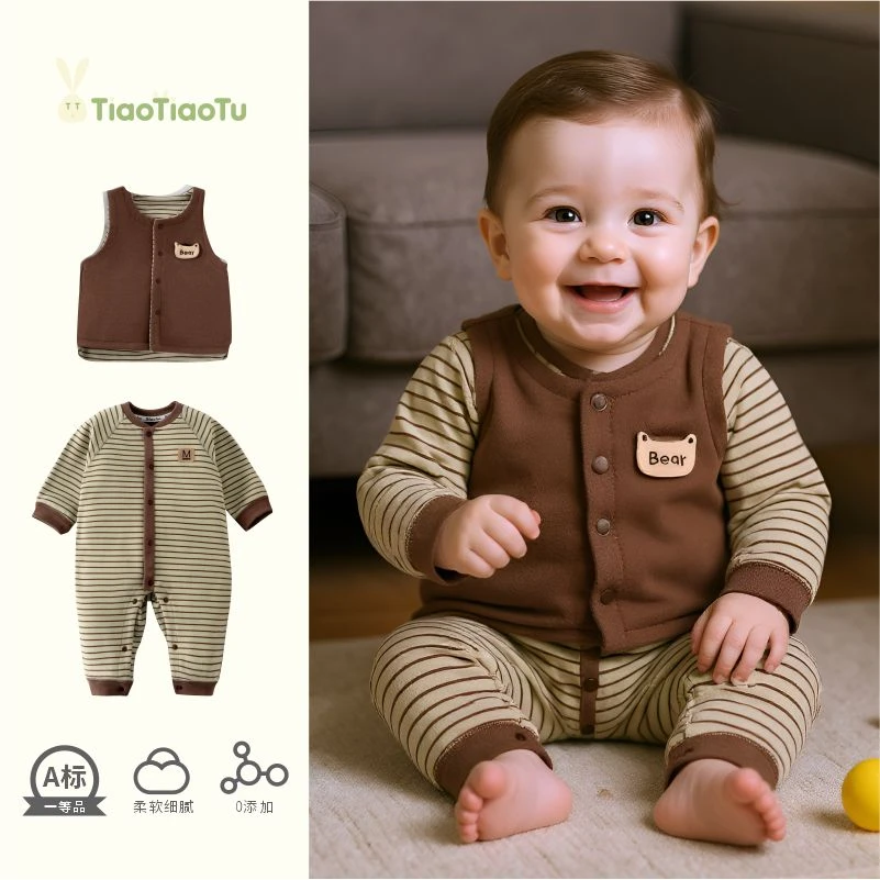 婴幼儿秋冬款德绒条纹连体衣马甲两件套宝宝保暖长袖外出服套装