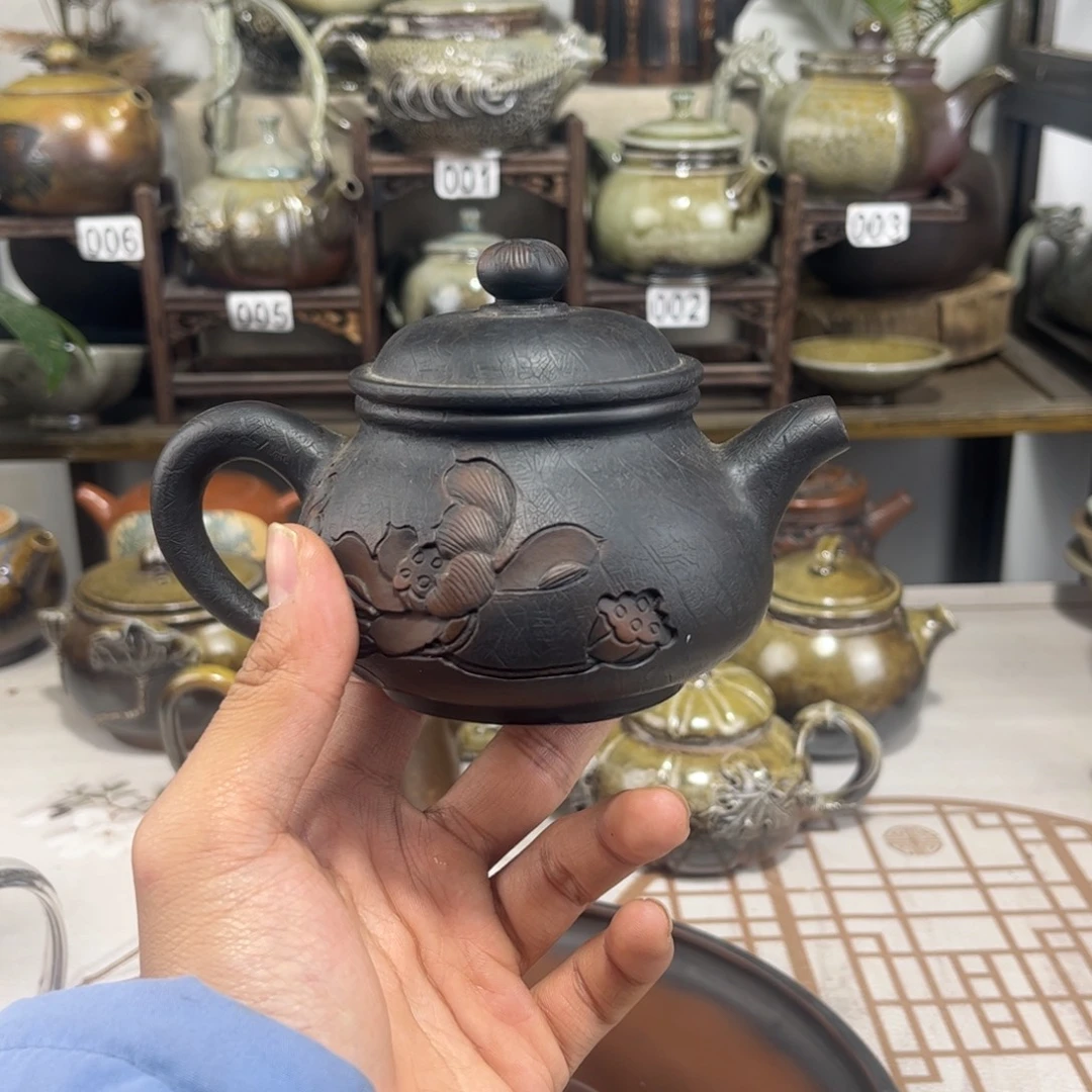 200cc浮雕荷花潘壶，建水紫陶全手工制作