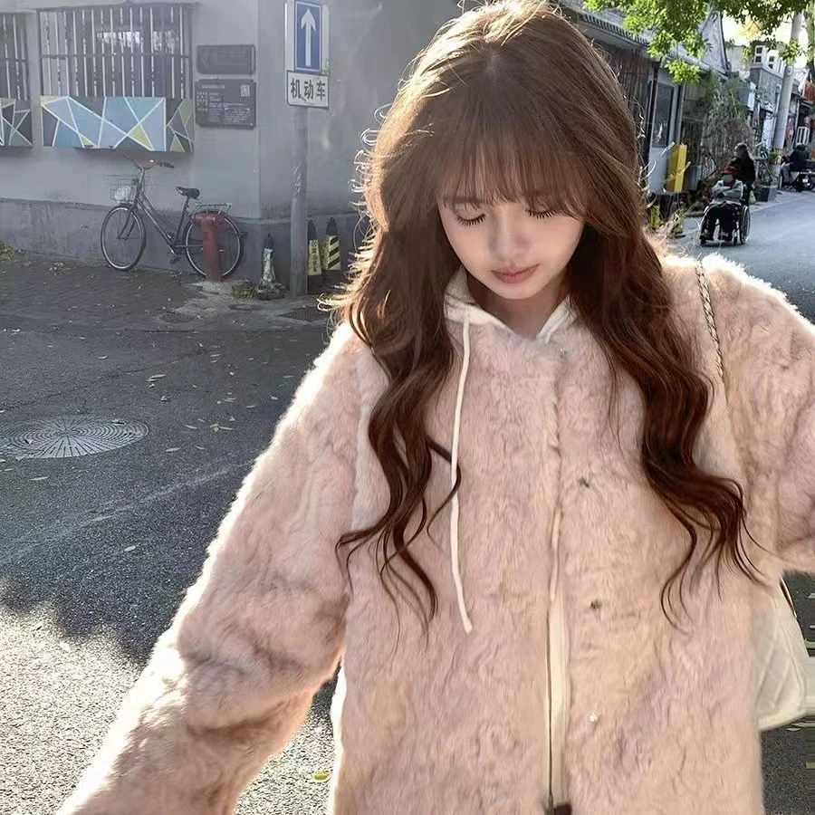 外套女秋冬无帽粉色羊羔毛外套女韩版中长款气质皮毛一体毛绒大衣