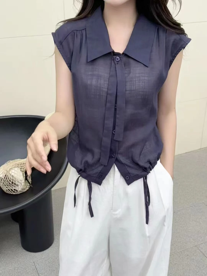 7295【衣长48】短袖薄款夏季森系宽松冰丝麻衬衫休闲上衣美式晕染