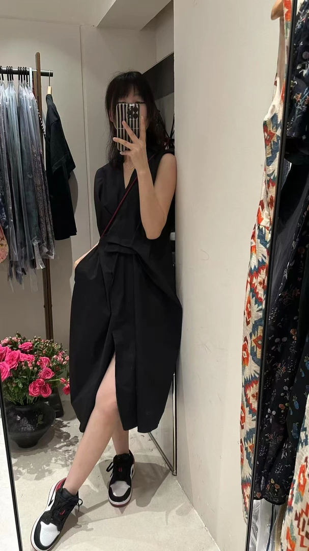 女士无袖深v捏褶连衣裙jn