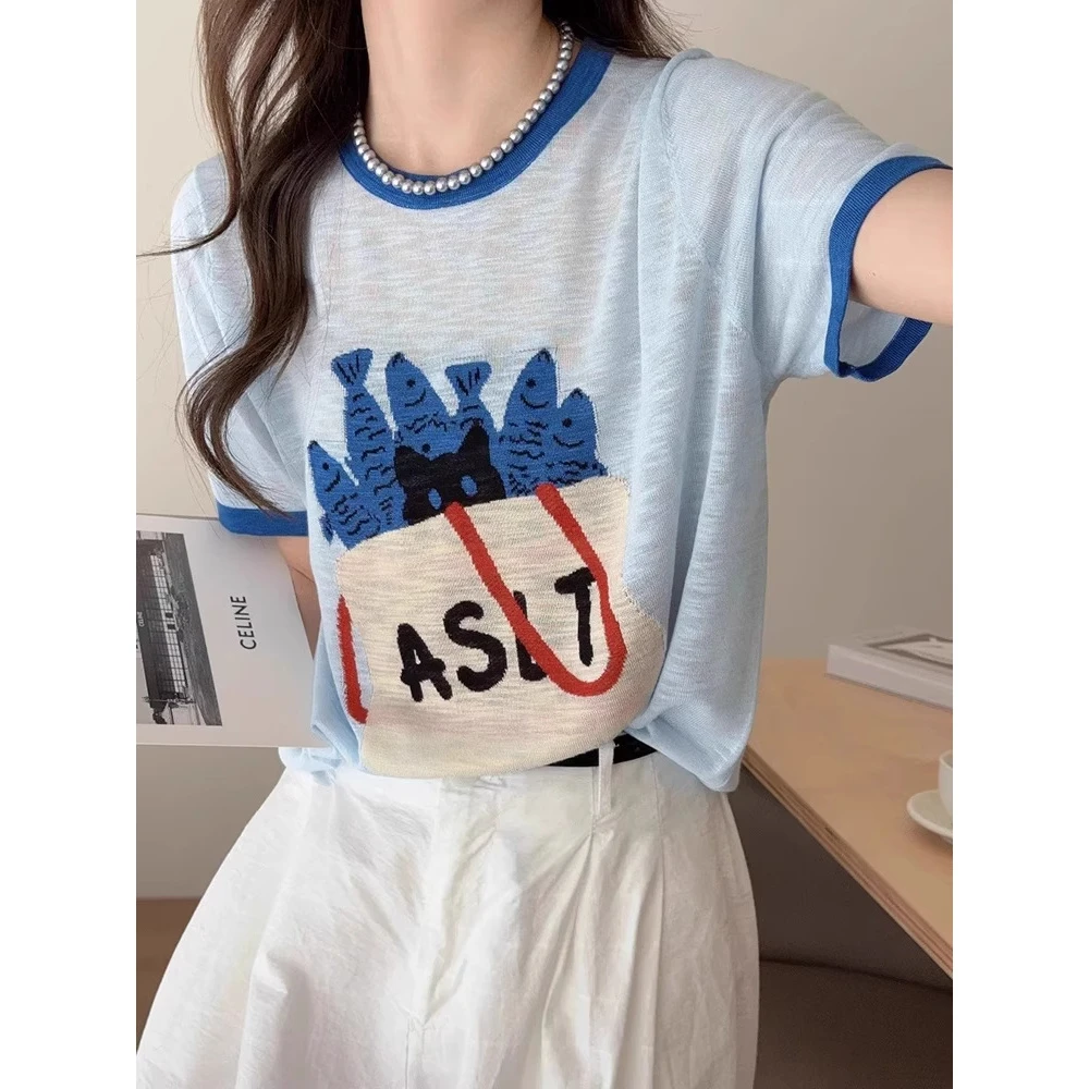 竹节麻蓝色卡通薄款短袖T恤韩系超好看独特漂亮上衣2025夏季