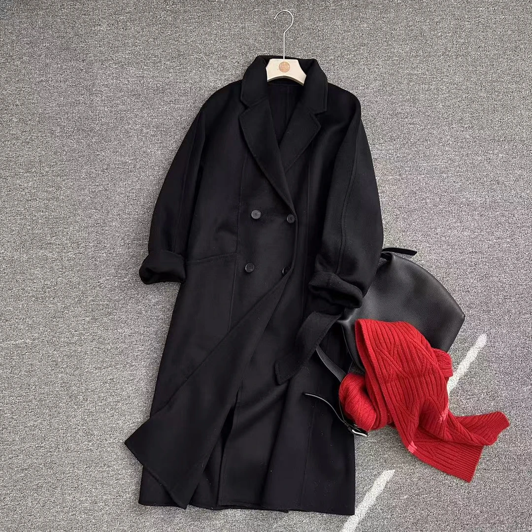 新款气质休闲韩版简约翻领长袖带腰带毛呢大衣外套DY4021-1