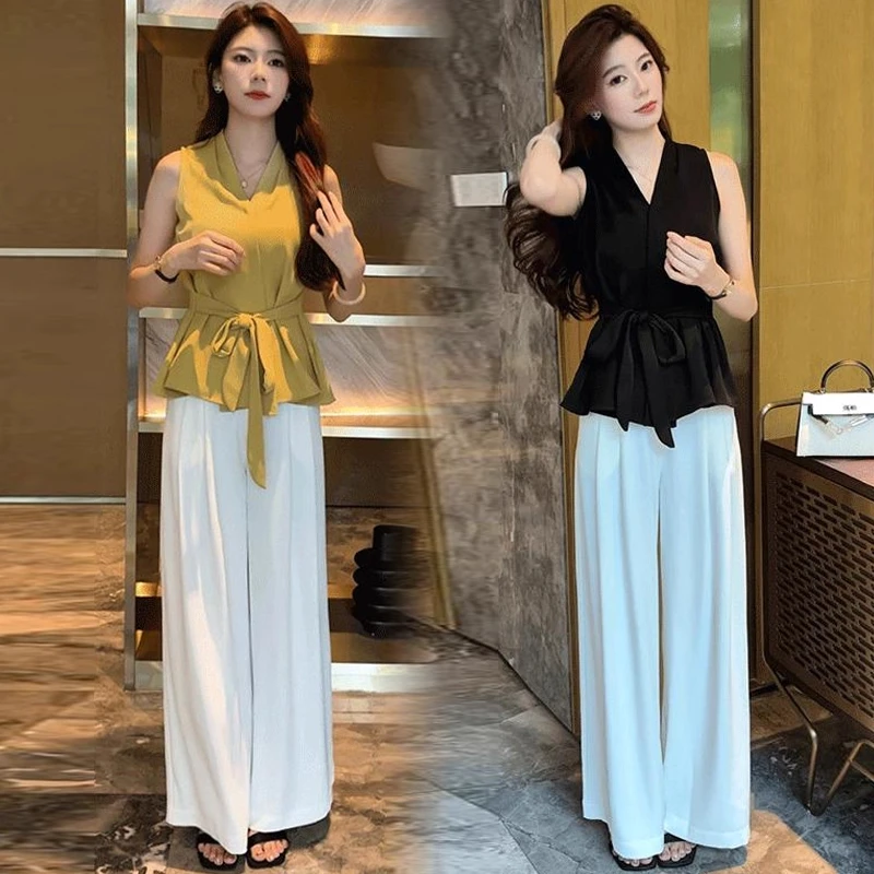 时尚套装女2025夏季新款洋气显瘦收腰无袖上衣阔腿裤气质两件套潮