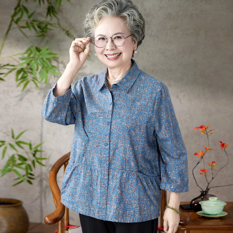 衬衫奶奶秋装纯棉衬衫老年人妈妈夏季宽松衬衣全棉大码老太太衣服
